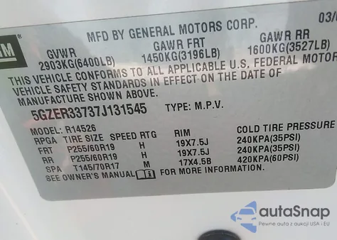 2007 Saturn Outlook Xr z USA, uszkodzony, nr VIN 5GZER33737J131545